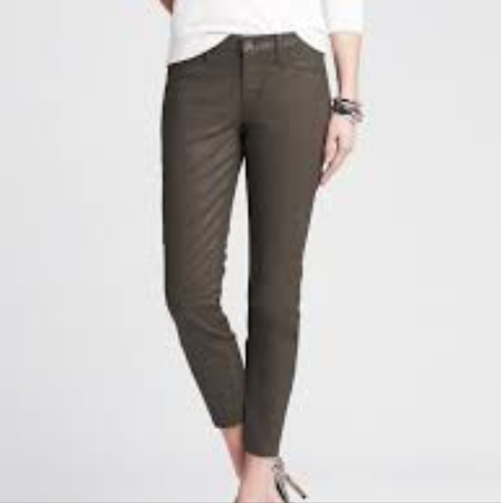 Banana Republic Coated Sateen Skinny Ankle Pants Dark Green 28